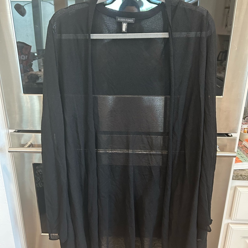 Eileen Fisher Black Sheer Open-Front Cardigan